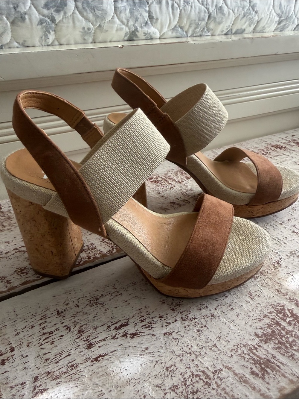 Yellow Box Brown & Cream Cork Block Heel Sandals